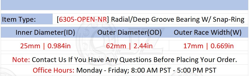 [Qty.8] 6305-OPEN Deep Groove Bearing W/ Snap-Ring [25mm ID x 62mm OD x 17mm W]