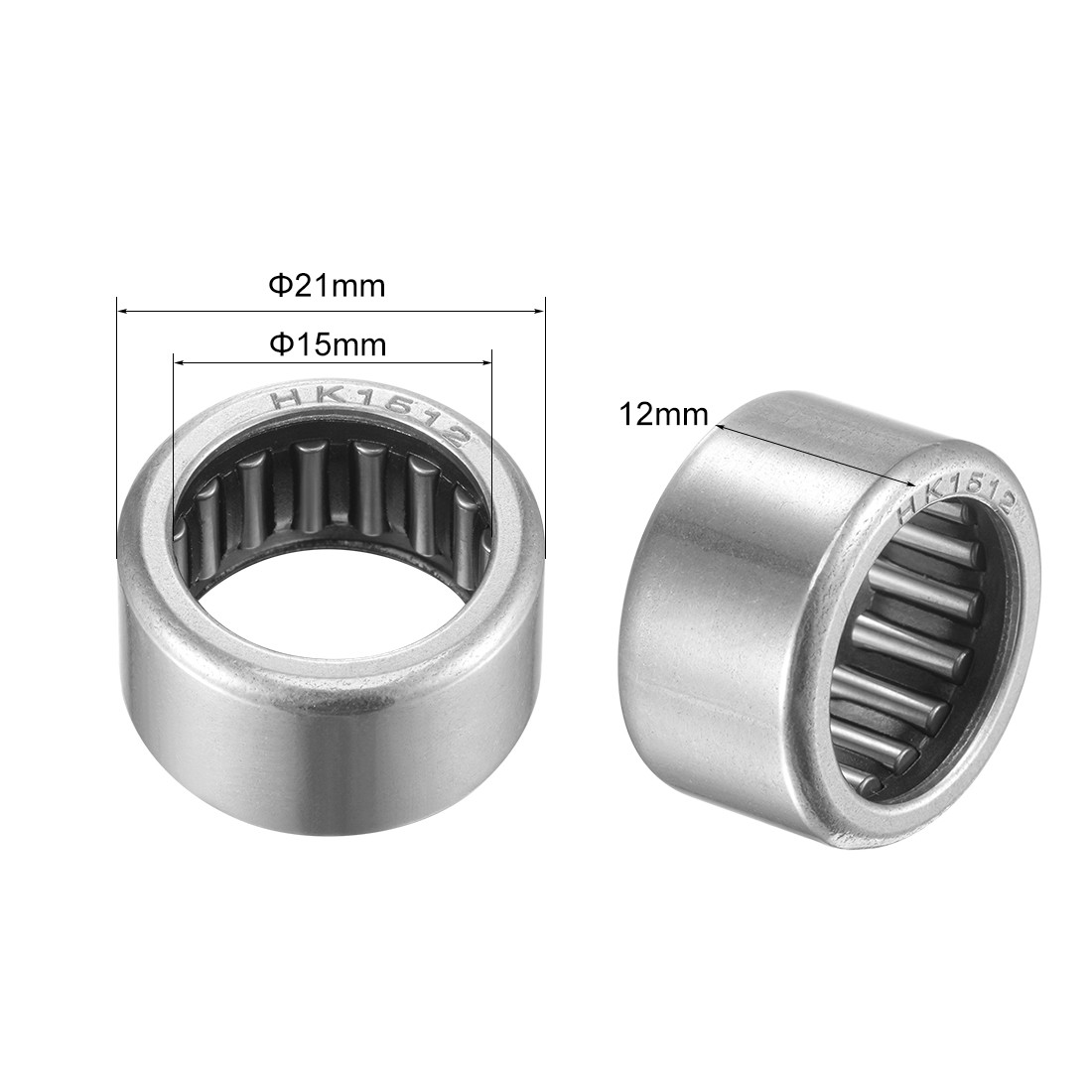 HK1512 Needle Roller Bearings 15mm x 21mm x 12mm Chrome Steel Open End 2pcs