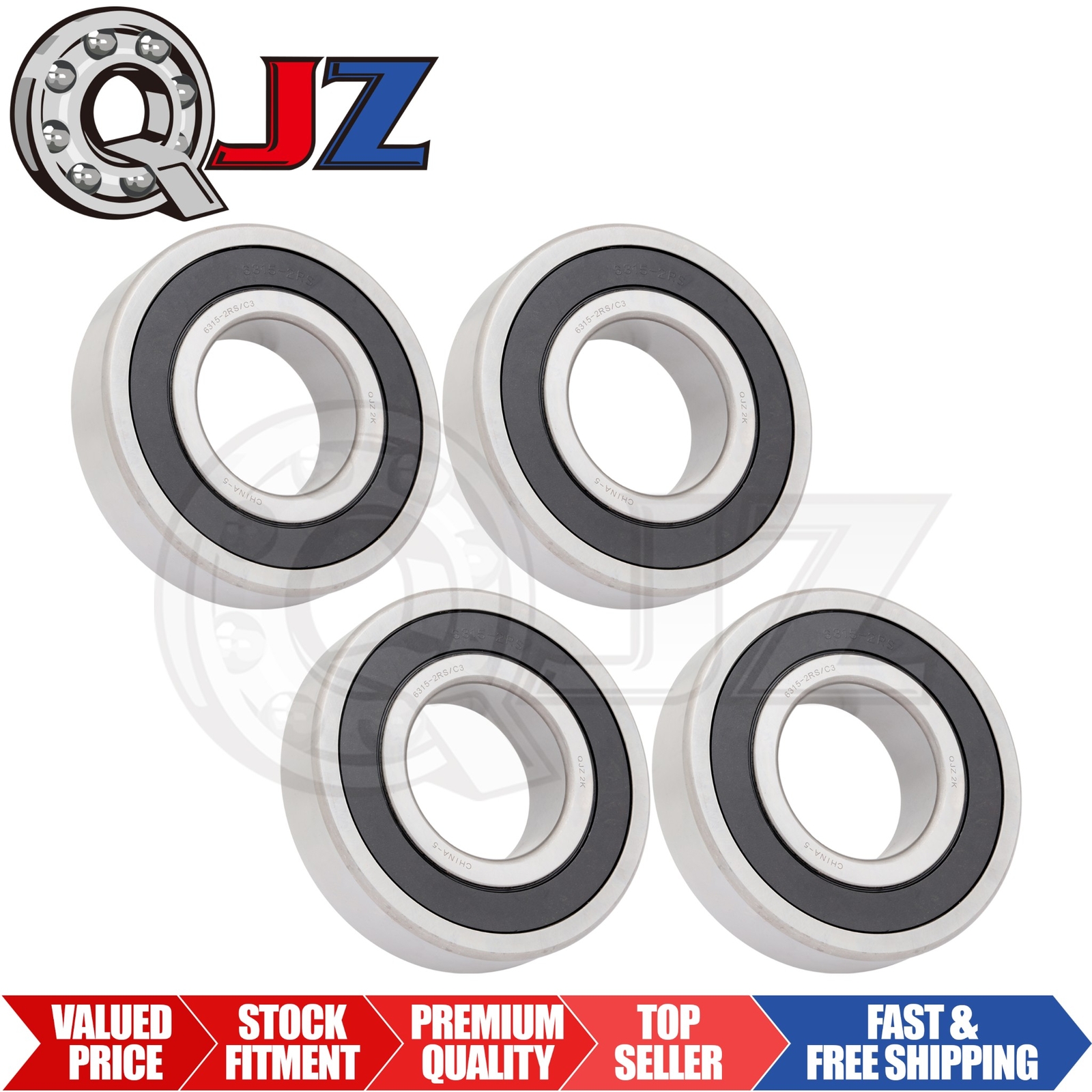 [Qty.4] 6315-2RS C3 New Radial/Deep Groove Bearing [75mm ID x 160mm OD x 37mm W]