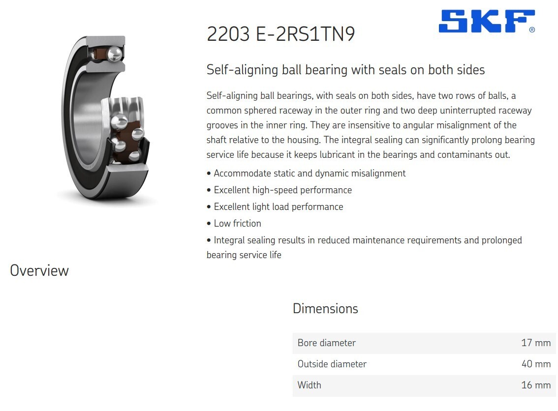 One (1) SKF 2203E-2RS1TN9 Self Aligning Bearing 17MM Bore NEW