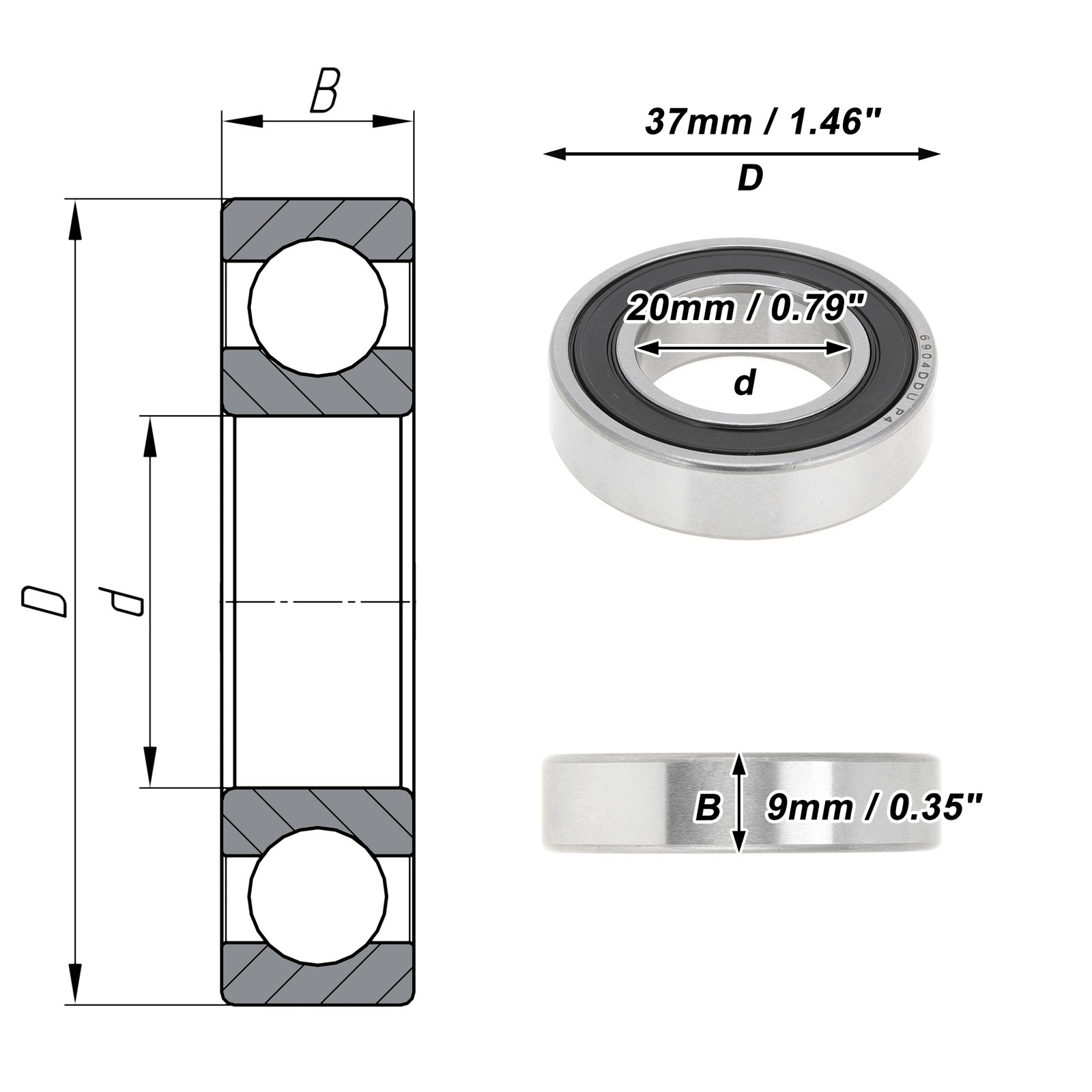 6904DDU Bearings 20x37x9mm P4 1 Piece for Car Scooter Skateboard Black Silver