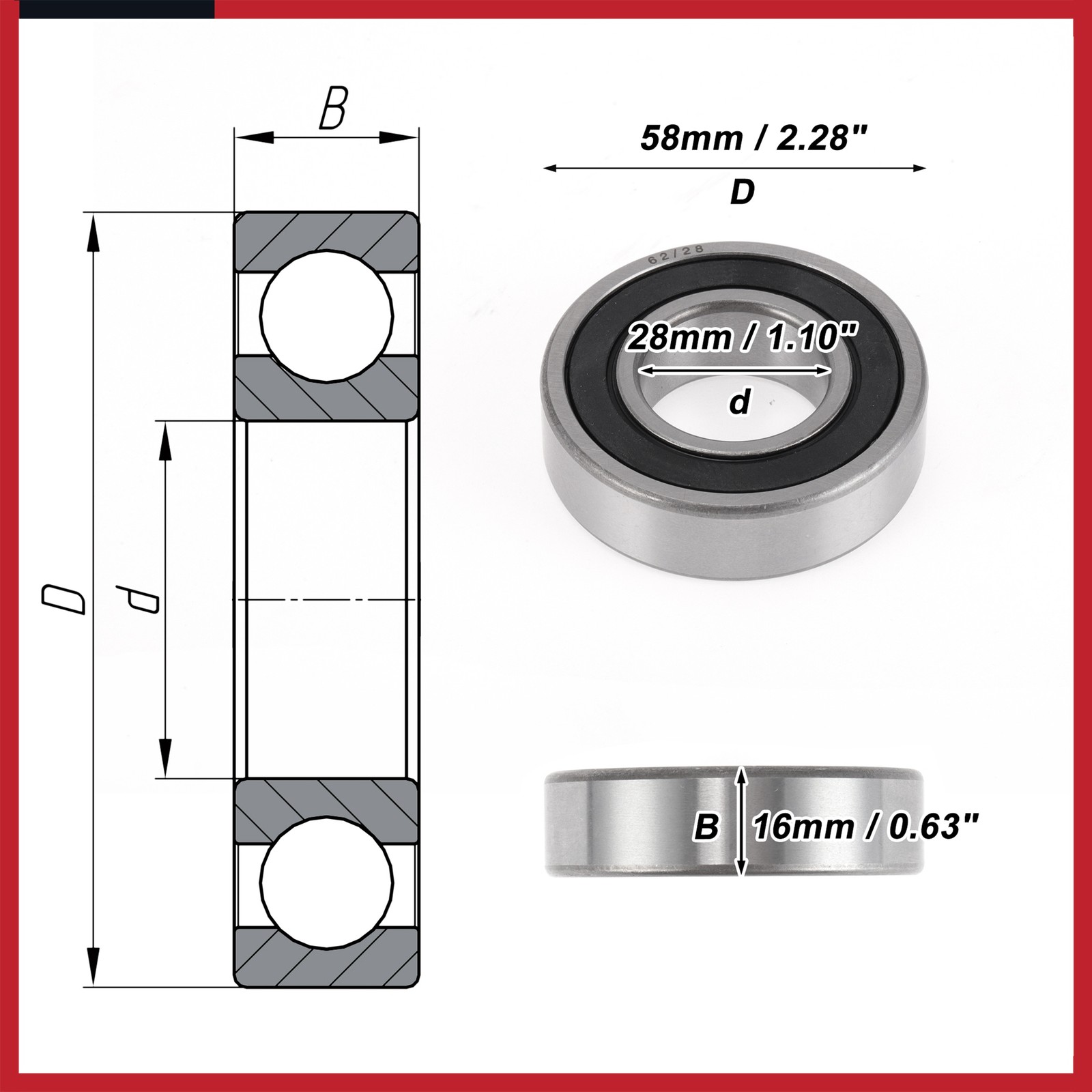 62/28DDU Deep Groove Ball Bearings 28x58x16mm 1 Pc Scooter Skateboard Wheel New