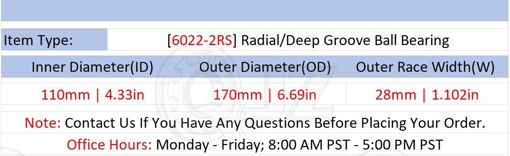 [Qty.8] 6022-2RS Radial/Deep Groove Ball Bearing [110mm ID x 170mm OD x 28mm W]