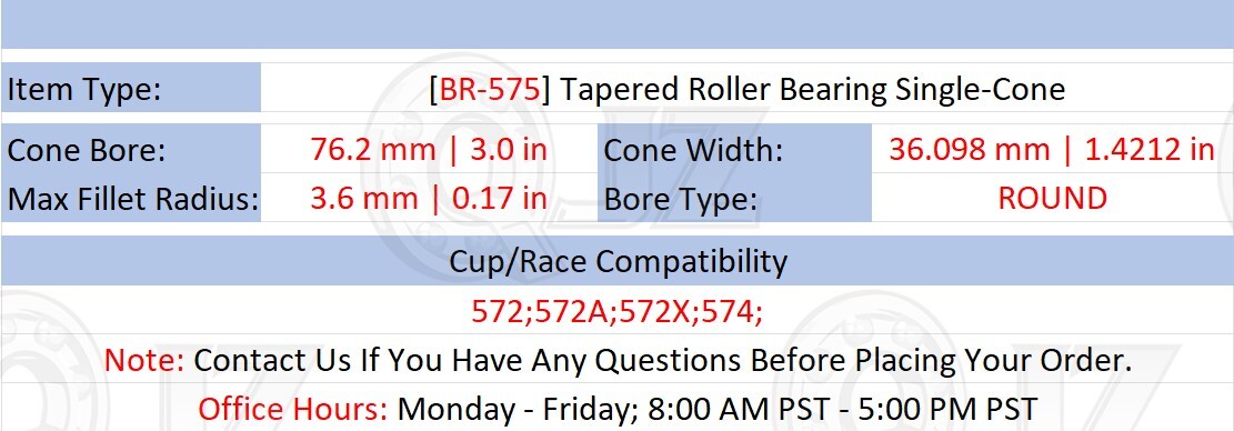 [Qty.1] 575 Tapered Roller Bearing Single-Cone [3.0 in Bore x 1.4212 in Width]