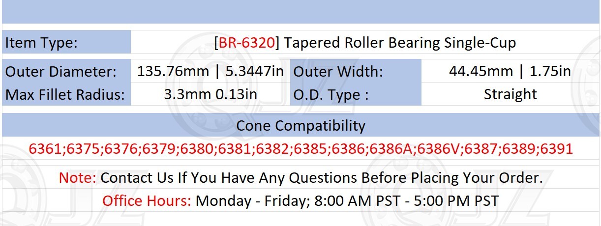 [Qty.1] BR-6320 Tapered Roller Bearing Single-Cup/Race [5.3447″ OD x 1.75″ W]