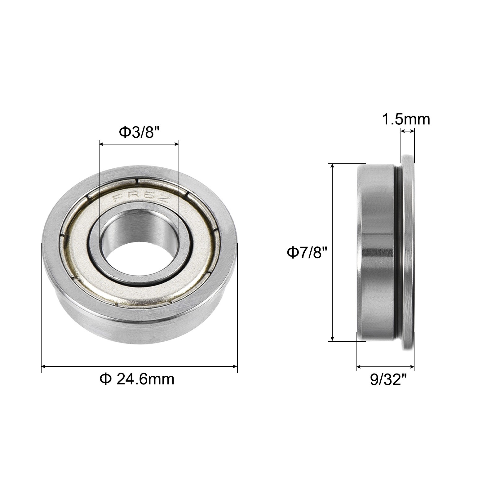 FR6ZZ Flanged Ball Bearing 3/8 x 7/8 x 9/32 Inch Double Shielded, 4pcs