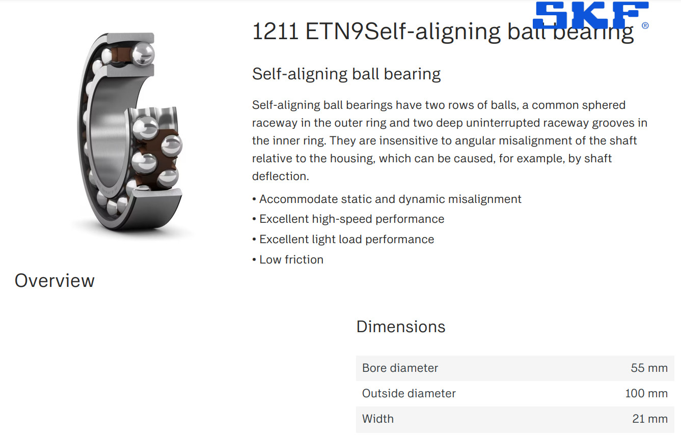 One (1) SKF 1211 ETN9 Self Aligning Ball Bearing 55 MM Bore NEW