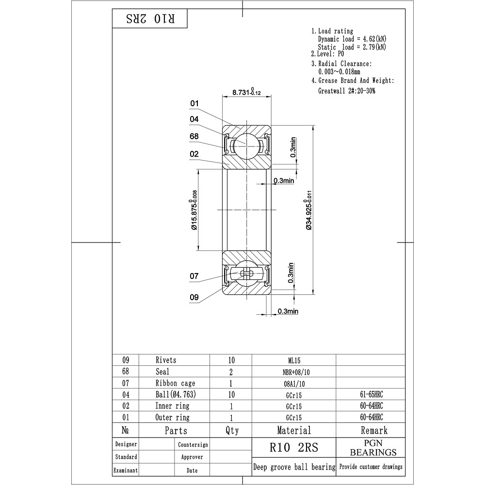 (30) R10-2RS Premium Rubber Seal Ball Bearing C3, 5/8″x1-3/8″x0.3438″, R10rs