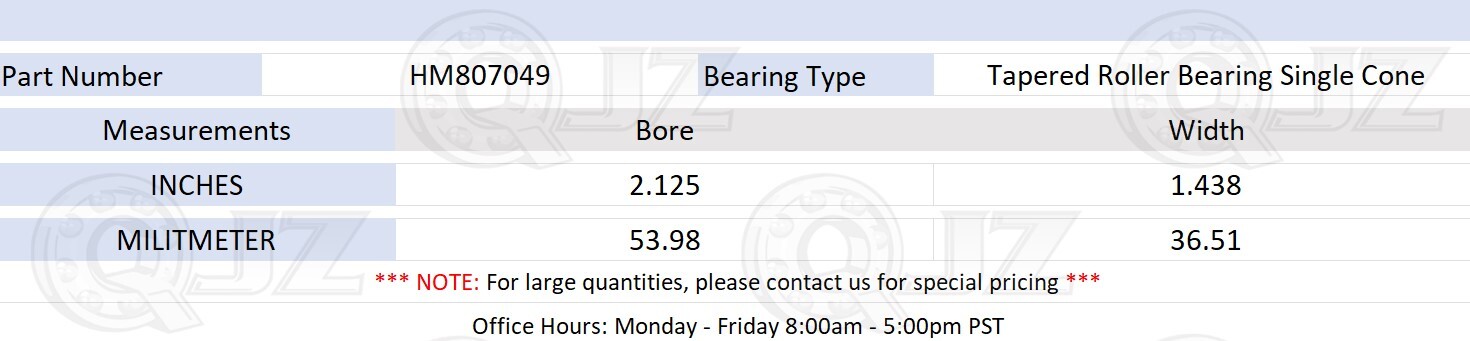[1-Pack] HM807049 Tapered Roller Bearing Single Cone [54 mm Bore x 36.5 mm W]