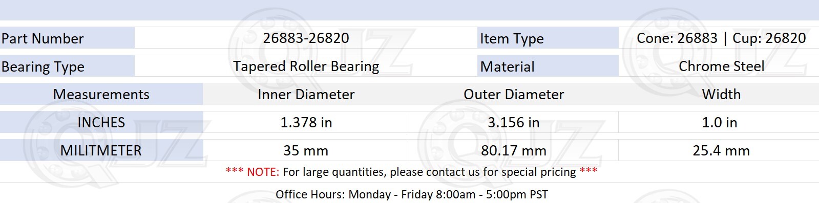[2-Pack] 26883-26820 Tapered Roller Bearing Set 1.378″ x 3.156″ x 1.0″ (IDxODxW)