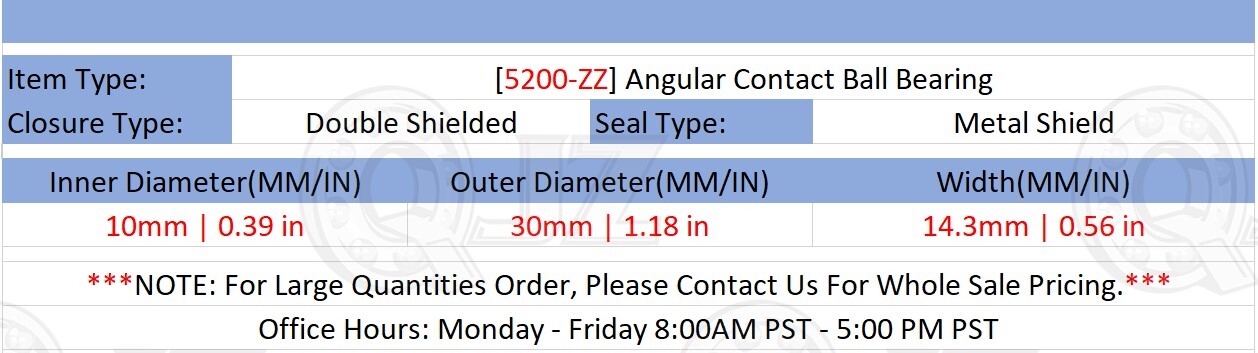 [Qty.1] 5200-ZZ Angular Contact Double Row Bearing [10mm Bore x 30mm x 14.3mm]