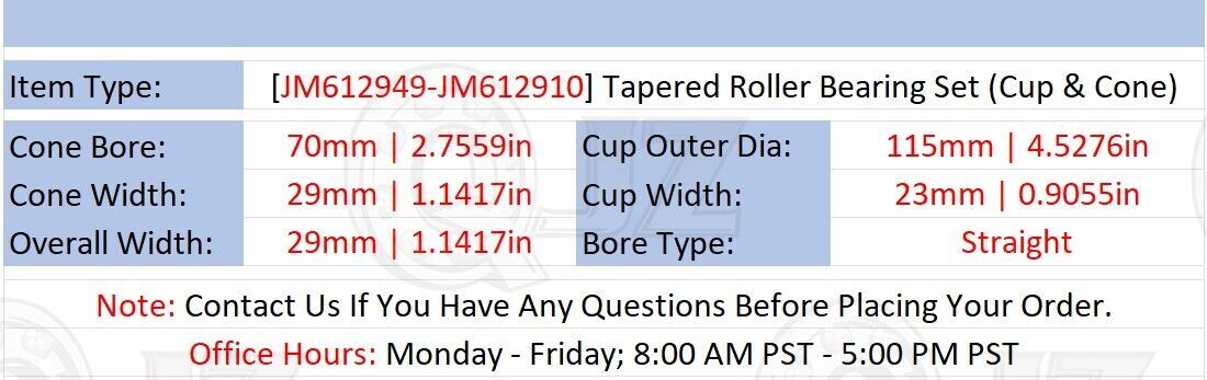 [Qty.2] JM612949-JM612910 Tapered Roller Bearing Cup & Cone [70mm ID x 29mm W]