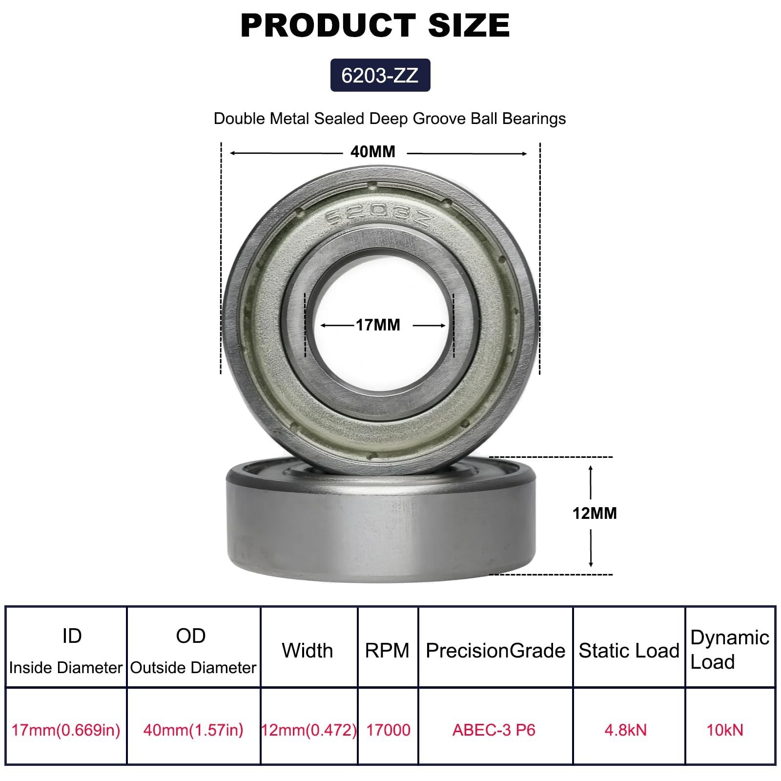 10 PCS 6203-ZZ Double Metal Seal Deep Groove Ball Bearings, Pre-Lubricated an…