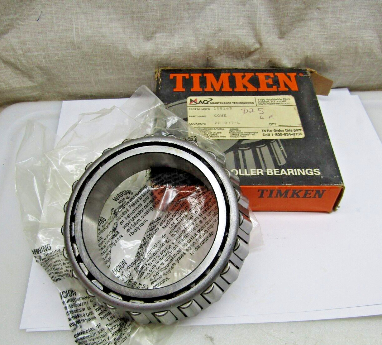 Timken 497 Tapered Roller Bearing Cone Cincinnati Mag Fives 108163