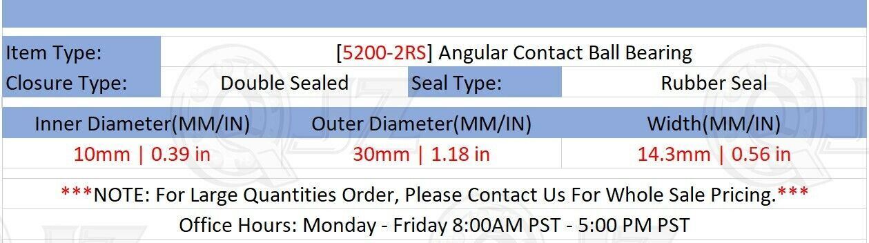 [Qty.2] 5200-2RS Angular Contact Ball Bearing [10mm Bore x 30mm OD x 14.3mm W]