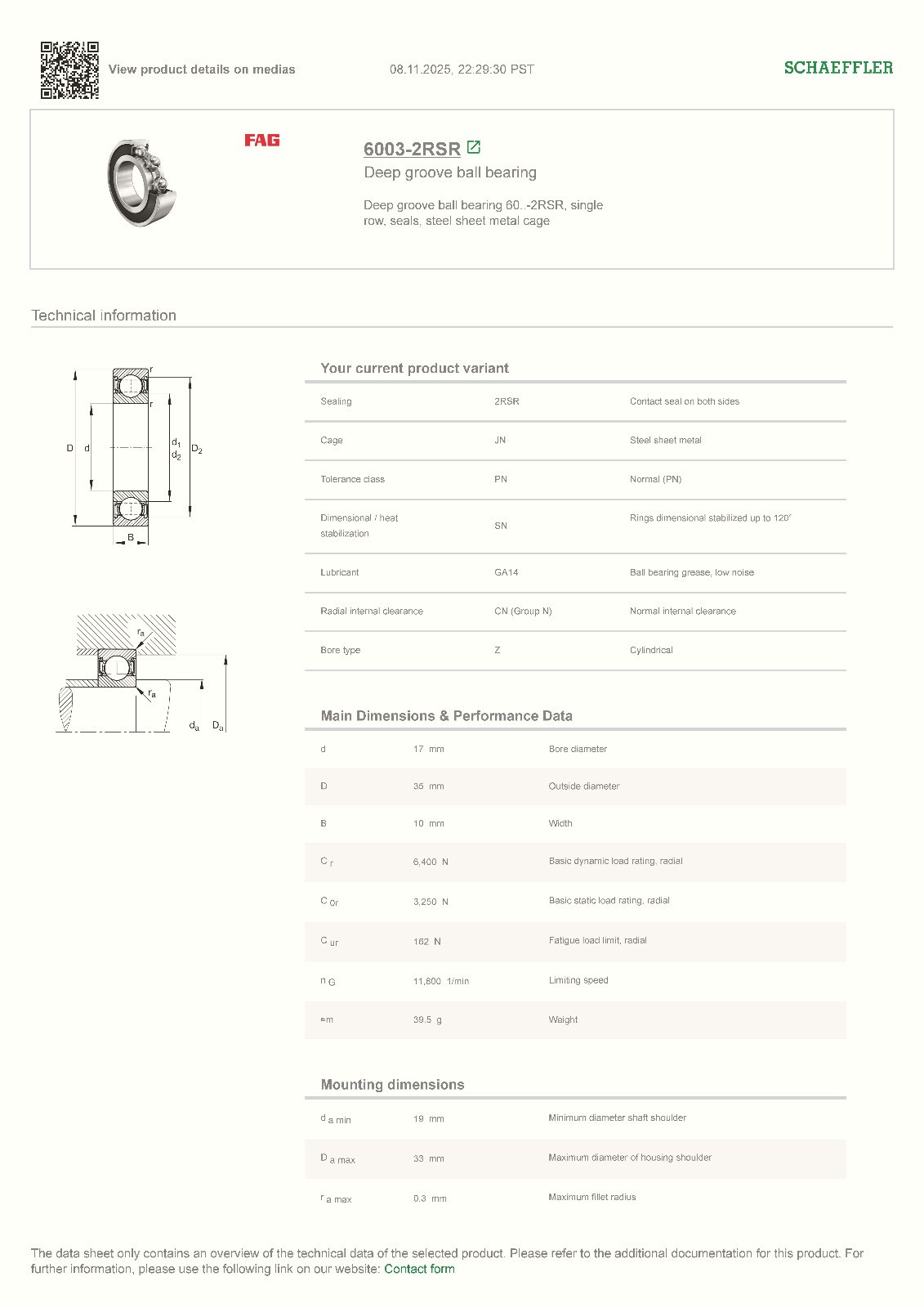 Bearing, Ball, Deep Groove, Single Row, 35×17×10 mm, Sealed, Ina (60032RS)