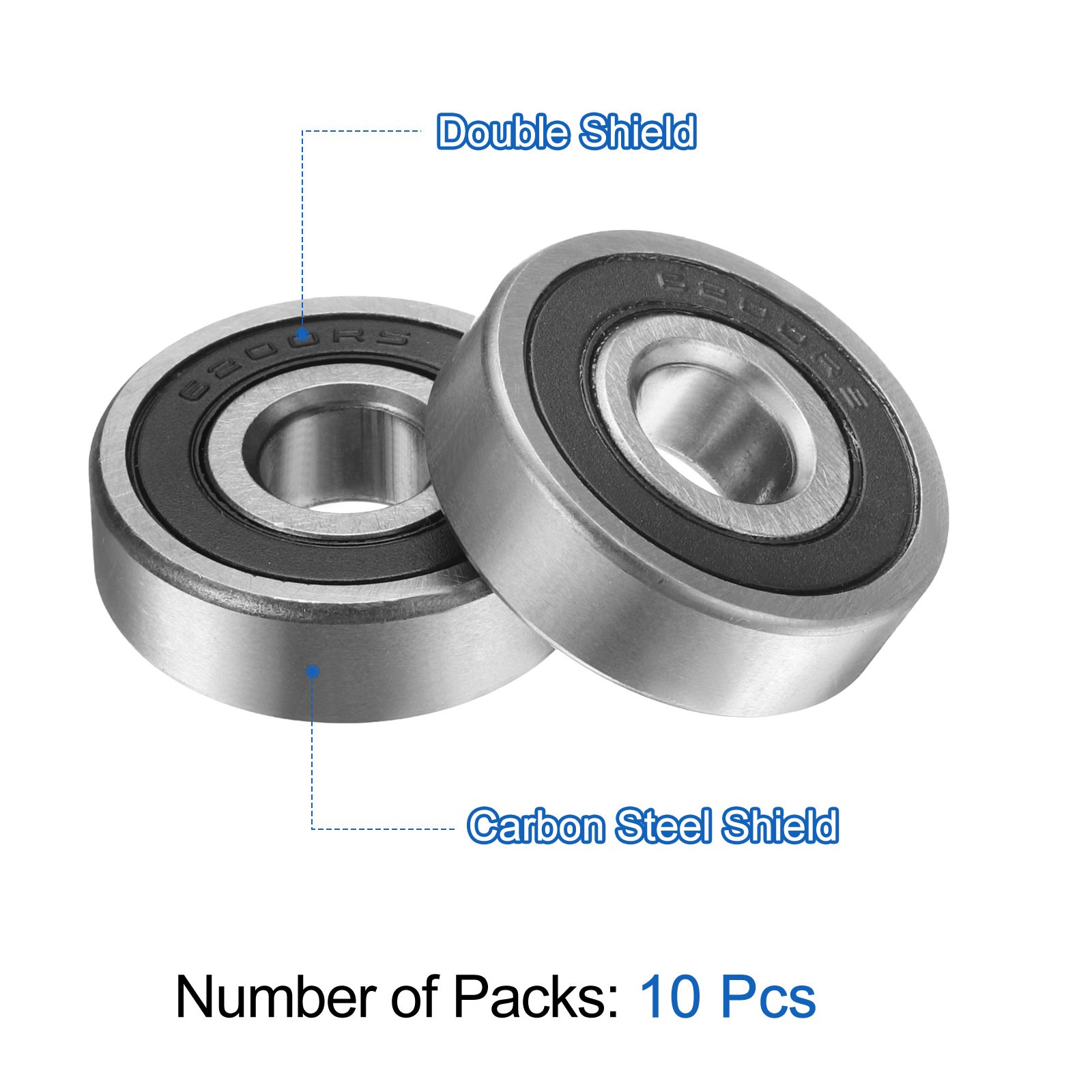 10pcs 6200RS Deep Groove Ball Bearings 10x30x9mm Double Sealed Bearings, Silver