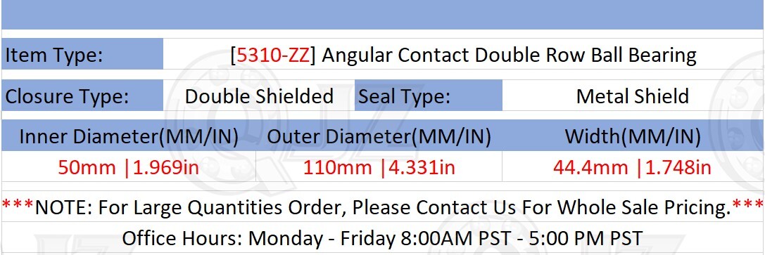 [Qty.4] 5310-ZZ Angular Contact Ball Bearing [50mm Bore x 110mm OD x 44.4mm W]