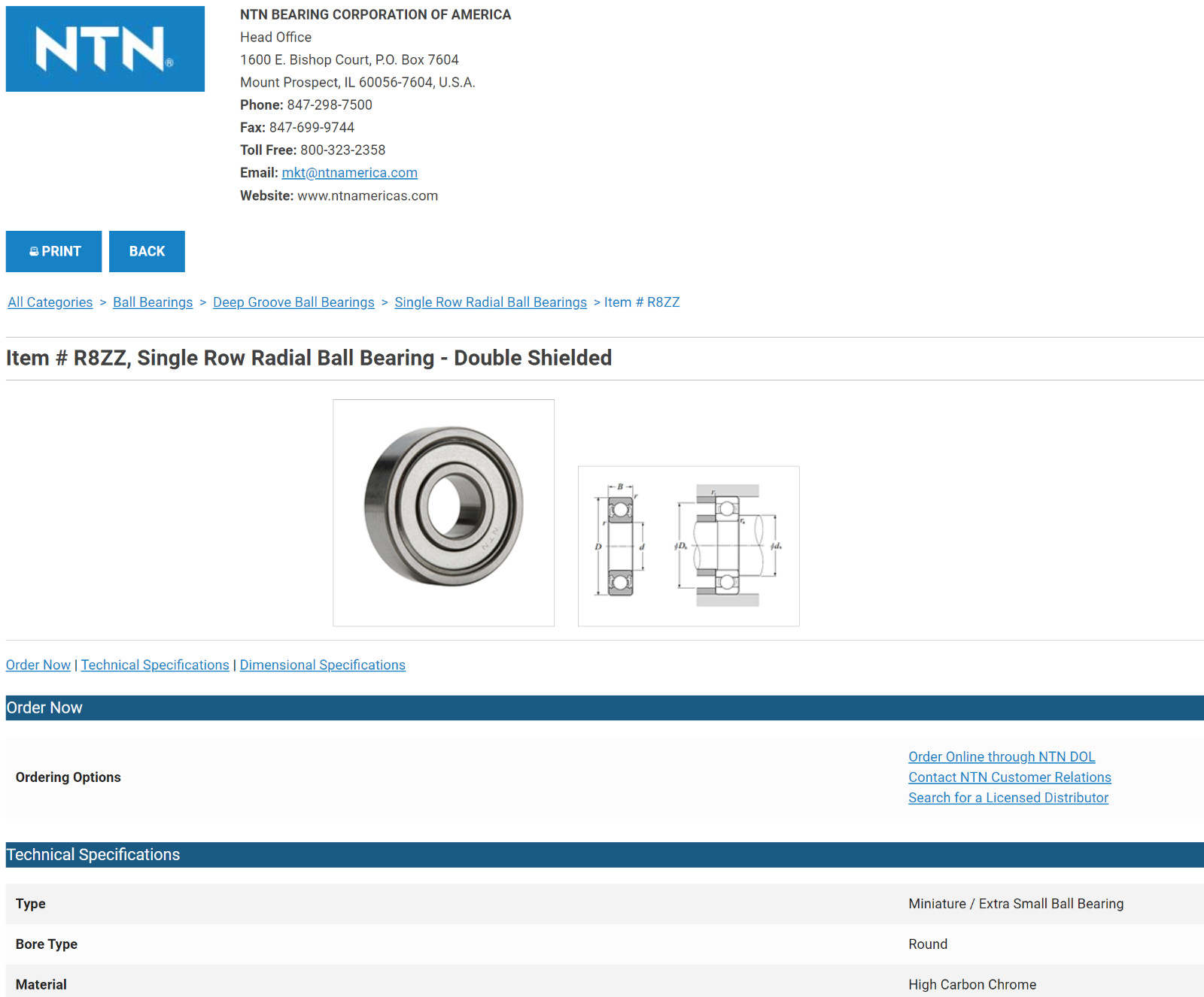 One (1) NTN R8 ZZ/EM/L627 Miniature Radial Bearing 1/2″ ID NEW