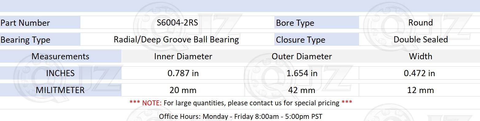 [Qty.10] S6004-2RS Stainless Radial Ball Bearing [20mm ID x 42mm ID x 12mm W]