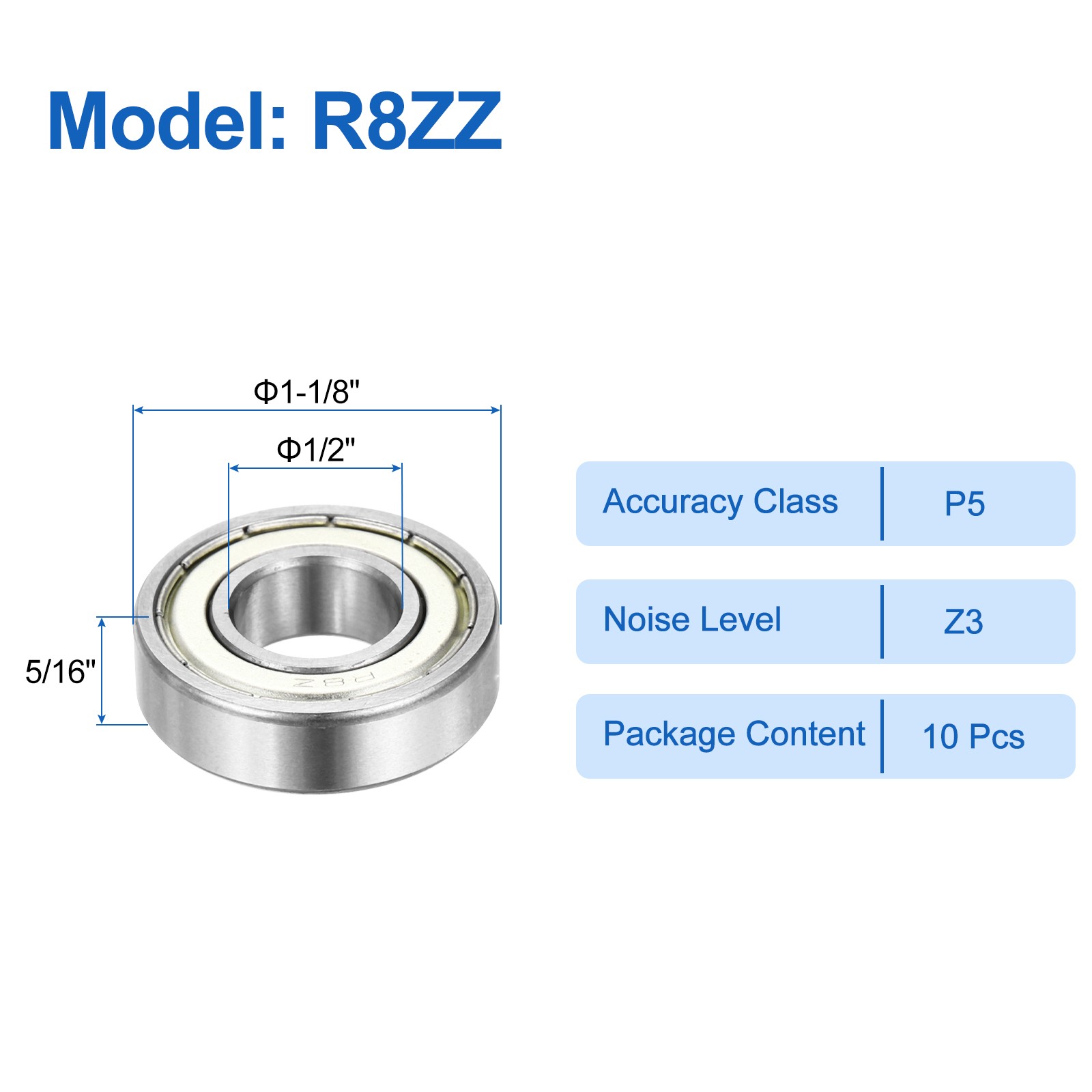 10pcs R8ZZ 1/2″ ID x 1-1/8″ OD x 5/16″ Height Z3 Ball Bearings, Silver Tone