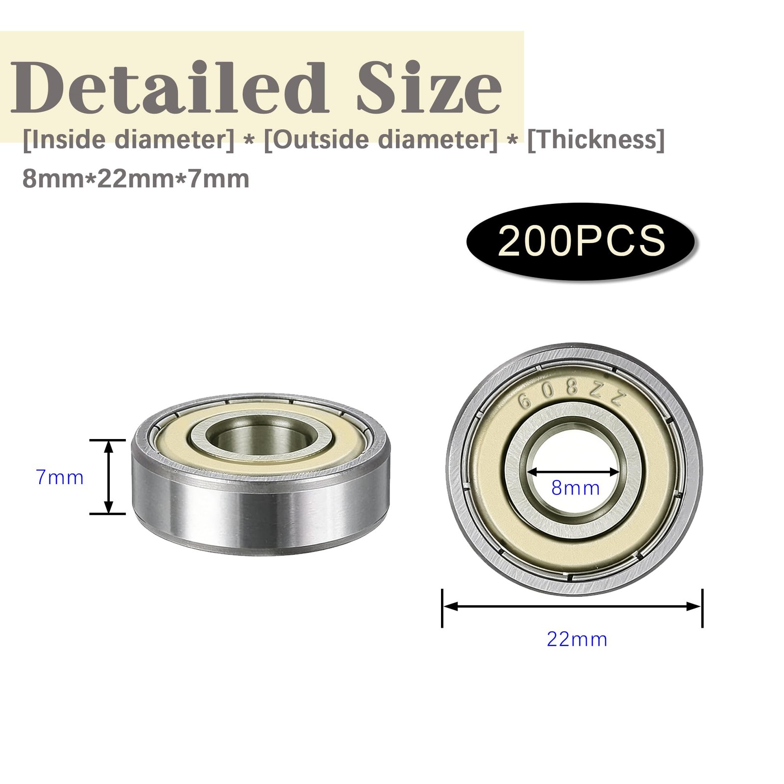 200 Pcs 608ZZ Ball Bearings Assortment Kit Small Carbon Steel Bearings