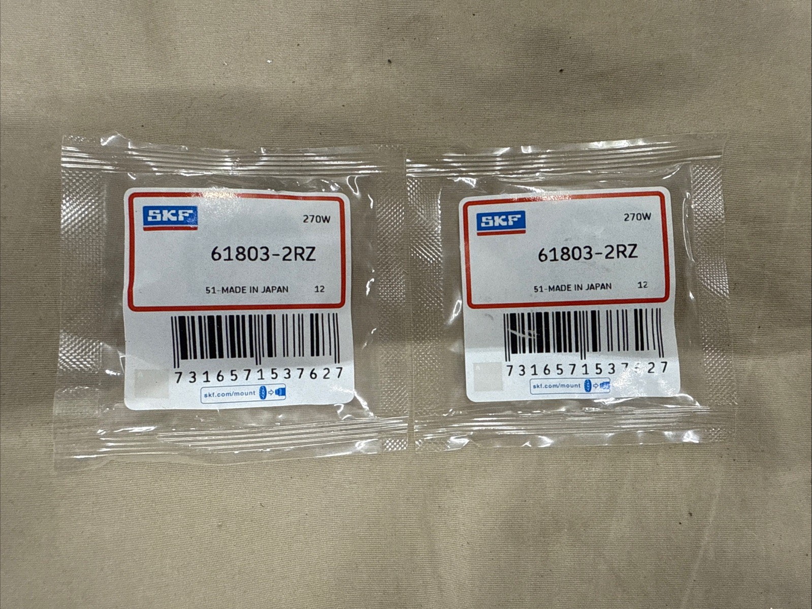 NEW, (LOT OF 2) SKF 61803-2Z THIN SECTION BALL BEARING, FREE SHIPPING