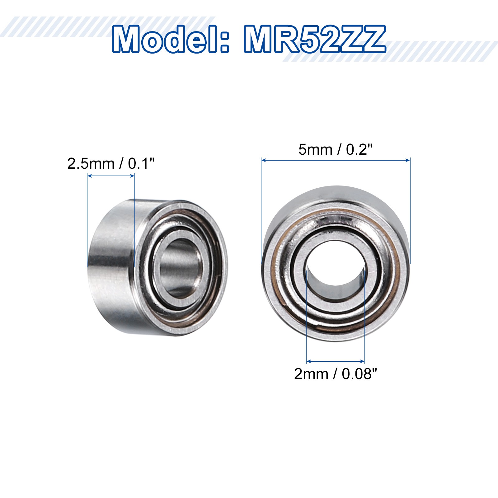 12Pcs MR52ZZ Deep Groove Ball Bearings 2mm ID 5mm OD 2.5mm Width Bearing