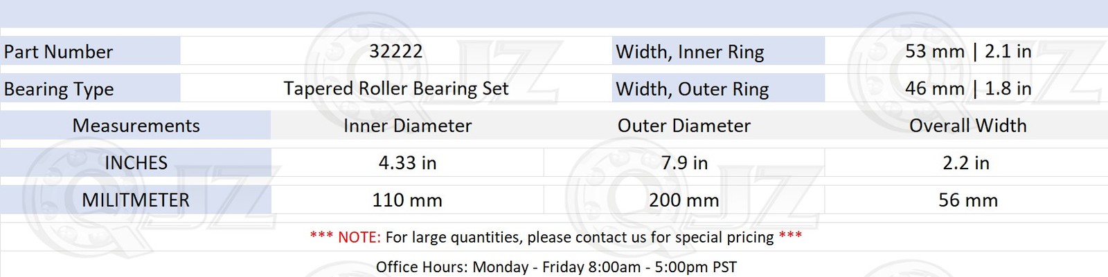 [1-Pack] 32222 Tapered Roller Bearing Set 110 mm x 200 mm x 56 mm (IDxODxW)
