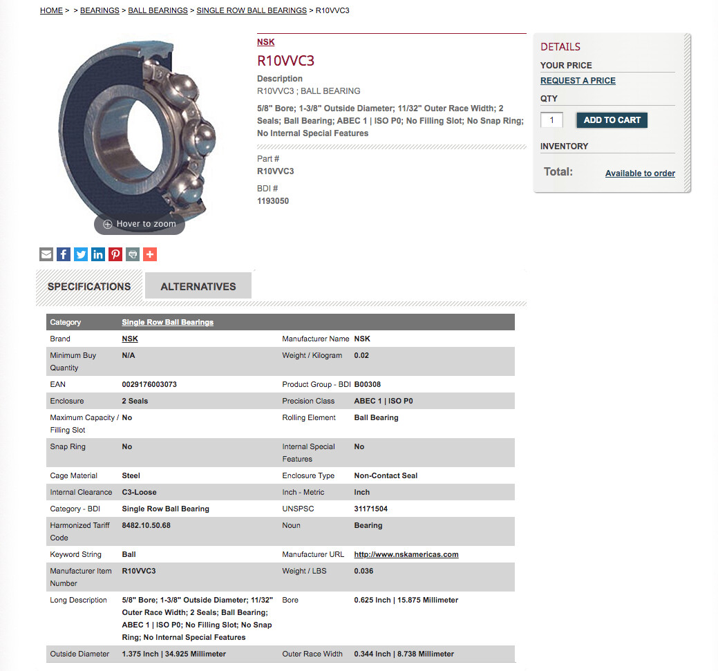 New NSK R10VVC3 Single Row Ball Bearing 5/8″ ID x 1-3/8″ OD x 11/32″ width x1ea