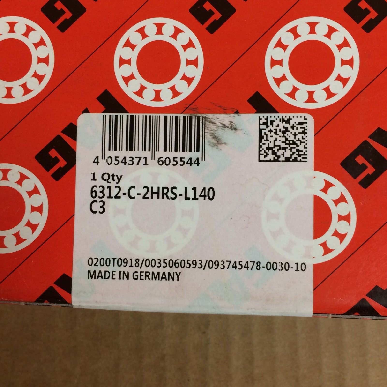 FAG 6312-C-2HRS-L140-C3 DEEP GROOVE BALL BEARING NOS FACTORY NEW! MAKE OFFER!