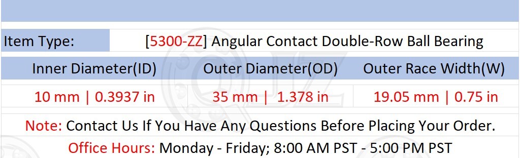 [Qty.10] 5300-ZZ Angular Contact Ball Bearing [10mm ID x 35mm OD x 19.05mm W]