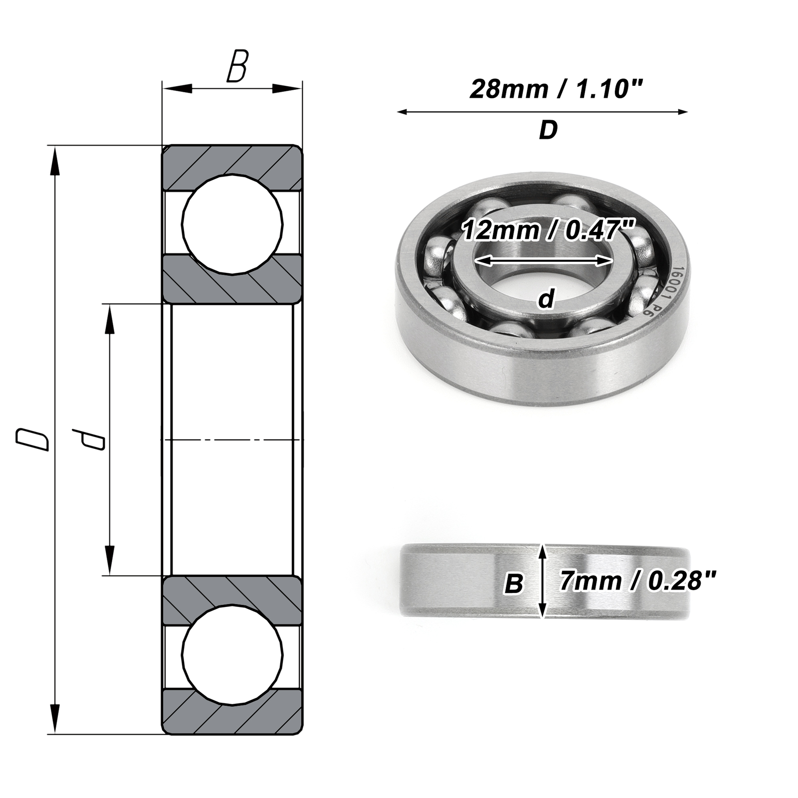Single 16001 Deep Groove Ball Bearings Scooter Skateboard Wheel Universal