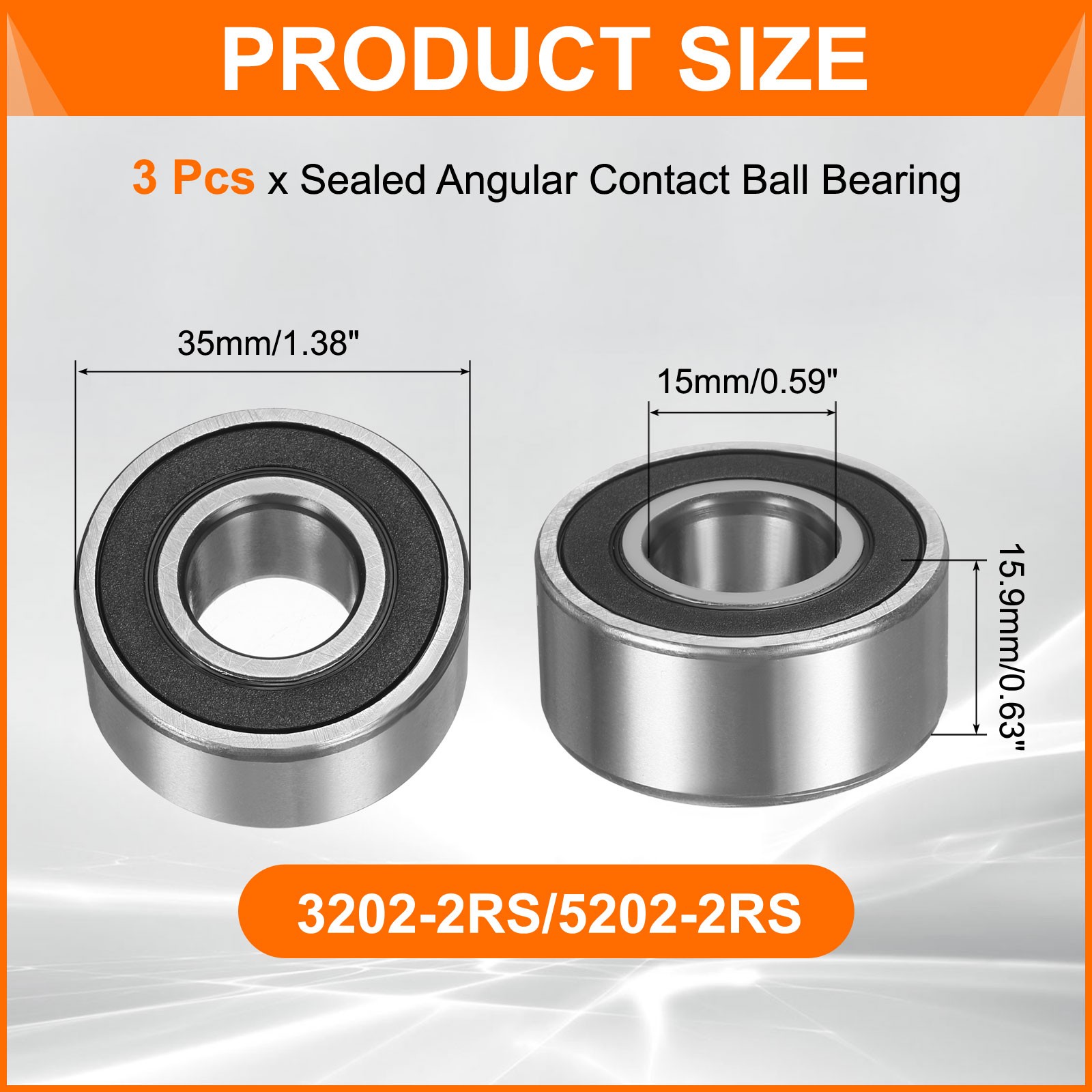 3Pcs 3202-2RS/5202-2RS 15x35x15.9mm Sealed Angular Contact Ball Bearing
