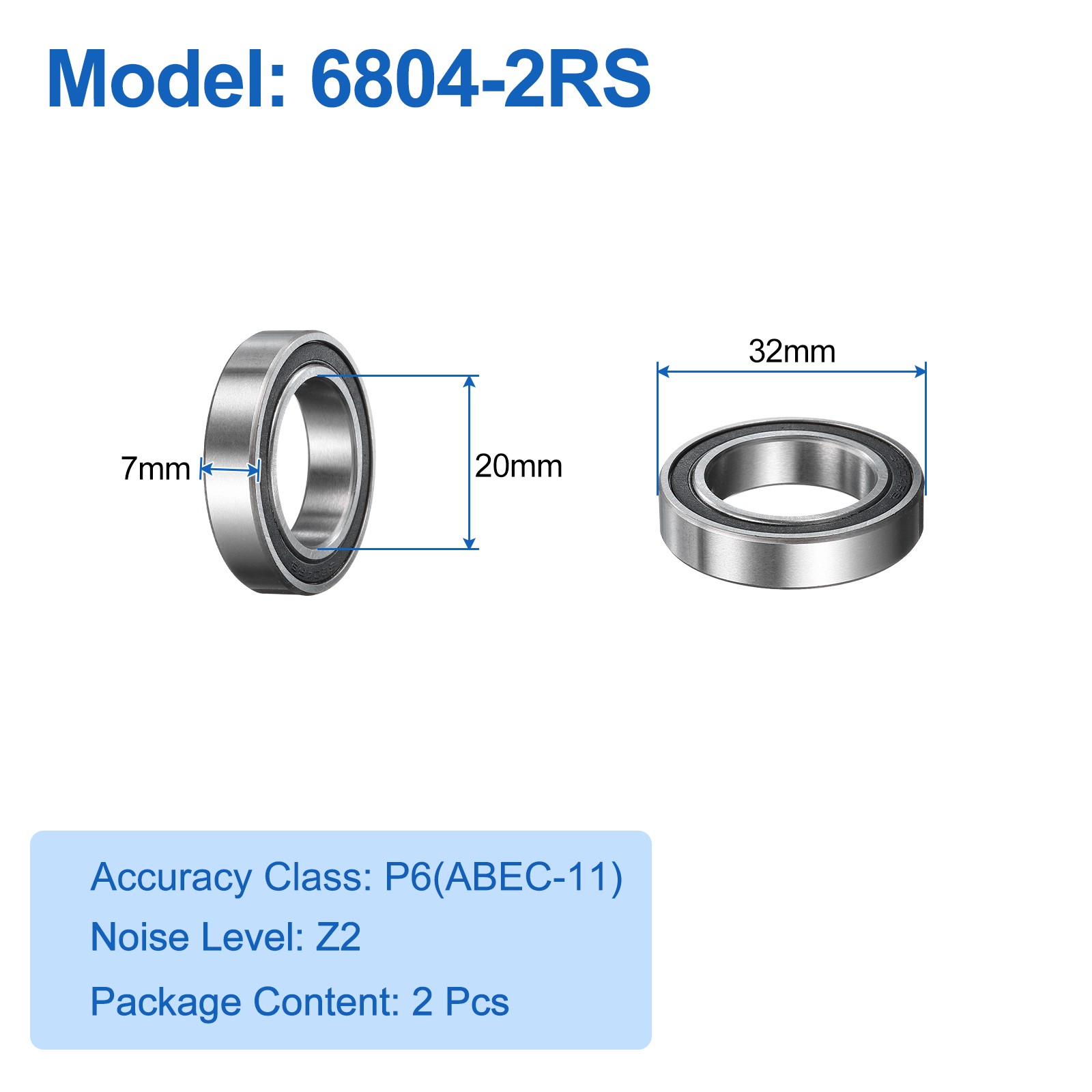 6804-2RS Ball Bearing 2pcs 20mmx32mmx7mmZ2 Double Rubber Seal, Black
