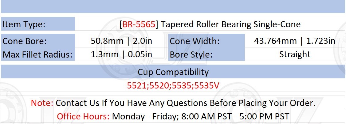 [Qty.1} New BR-5565 Tapered Roller Bearing Single-Cone [2.0in Bore x 1.723in W]