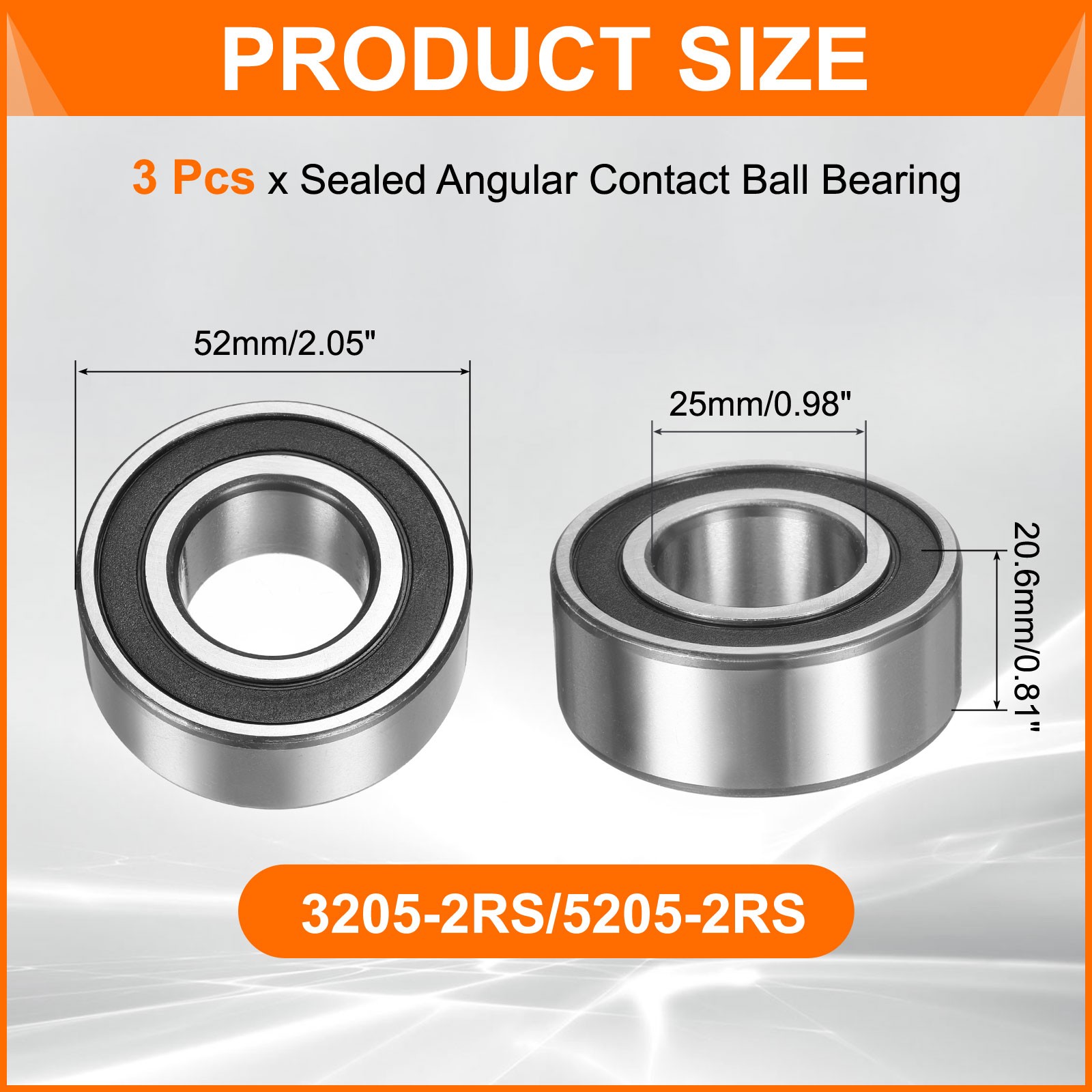 3pcs 25x52x20.6mm Angle Ball Bearings for 3205-2RS/5205-2RS