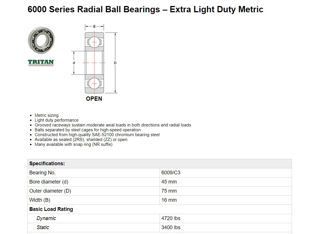 One (1) BL Bearings Limited 6009 /C3 Deep Groove Bearing 45MM Bore China NEW