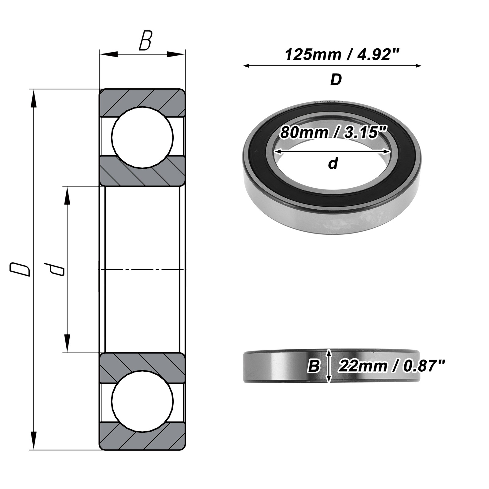 6016DDU Deep Groove Ball Bearings 80x125x22mm 1 Pcs Silver Tone