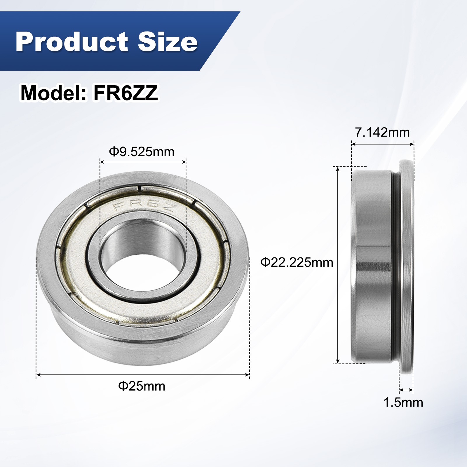 4-Pack FR6ZZ Flanged Ball Bearing, 3/8″ x 7/8″ x 9/32″ Metal Sealed