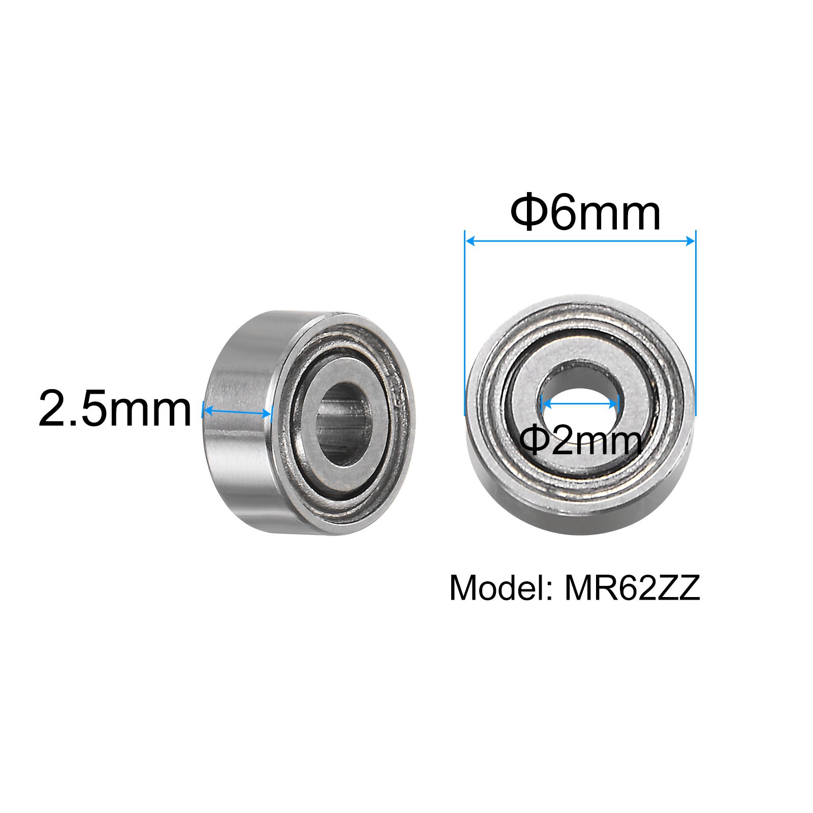 10pcs MR62ZZ Bearings 2x6x2.5mm Chrome Steel Mini Bearing Double Shielded, ABEC3