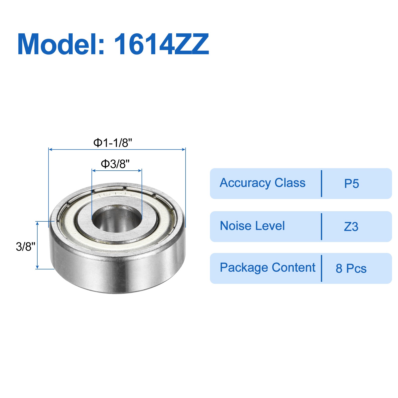 8pcs 1614ZZ 3/8″ ID x 1-1/8″ OD x 3/8″ Height Z3 Ball Bearings Silver Tone