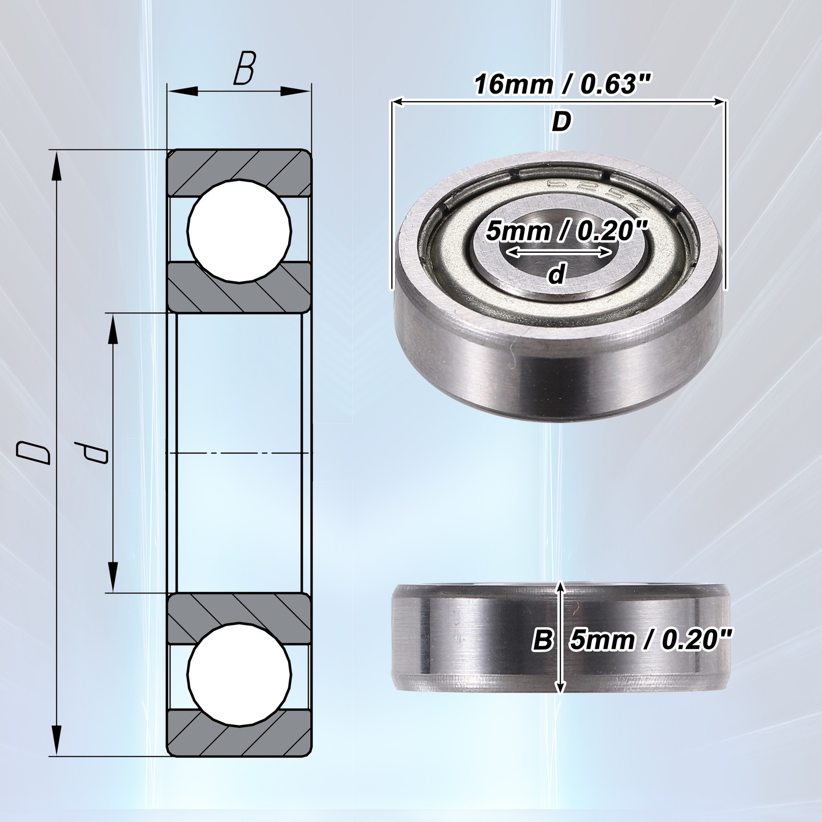 5 Pcs 625ZZ 5x16x5mm Double Metal Shield Single Row Deep Groove Ball Bearings