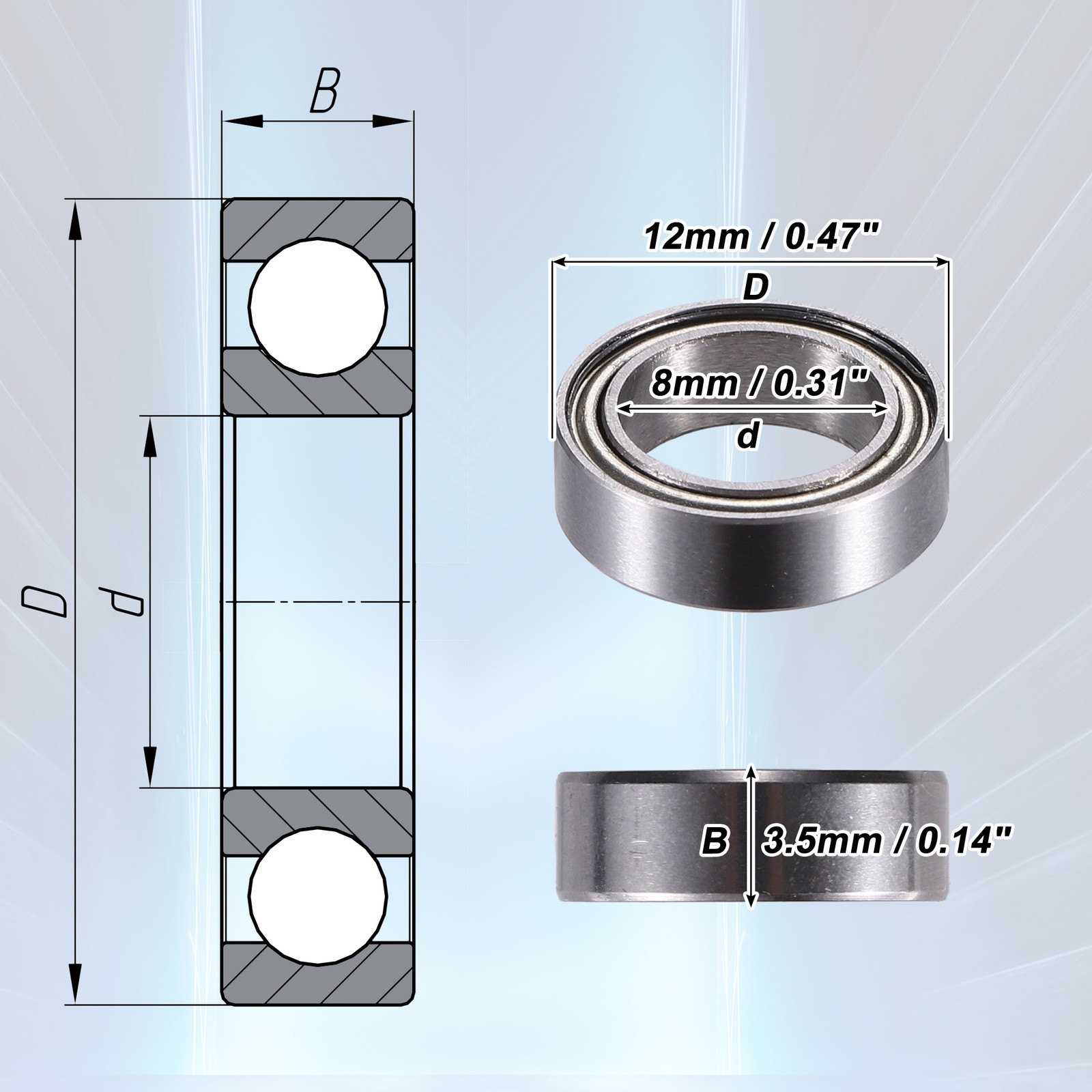 20 Pcs MR128ZZ 8x12x3.5mm Double Metal Shield Car Deep Groove Ball Bearings