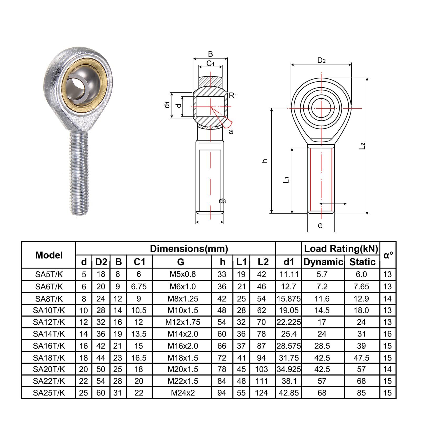 Female Rod End, A2 Stainless Steel Bearing Rose Joint Left / Right Thread M6-M36