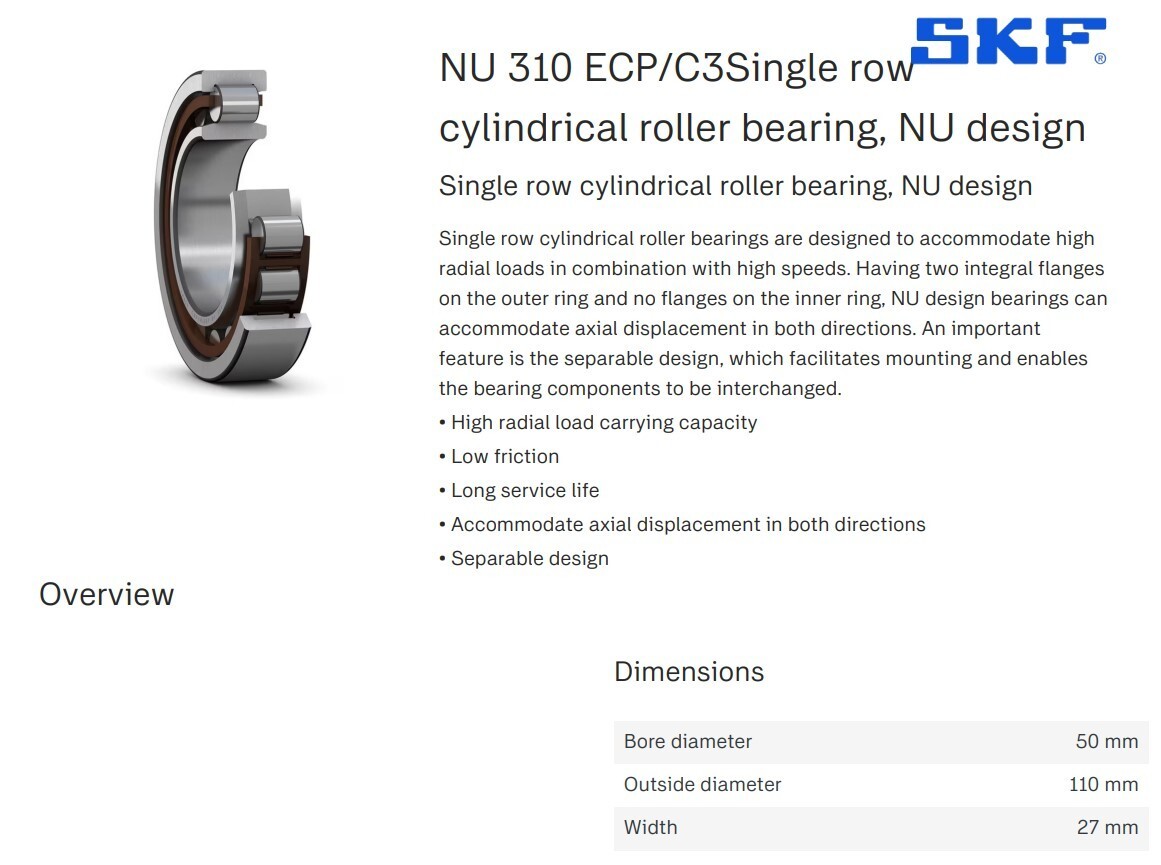 One SKF NU 310 ECP/C3 Cylindrical Roller Bearing 50 MM ID Germany NEW