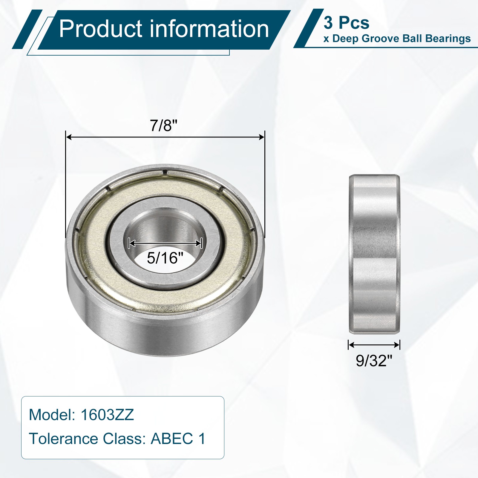 3Pcs 1603ZZ Deep Groove Ball Bearing, 5/16″ x 7/8″ x 9/32″ Sealed Bearing
