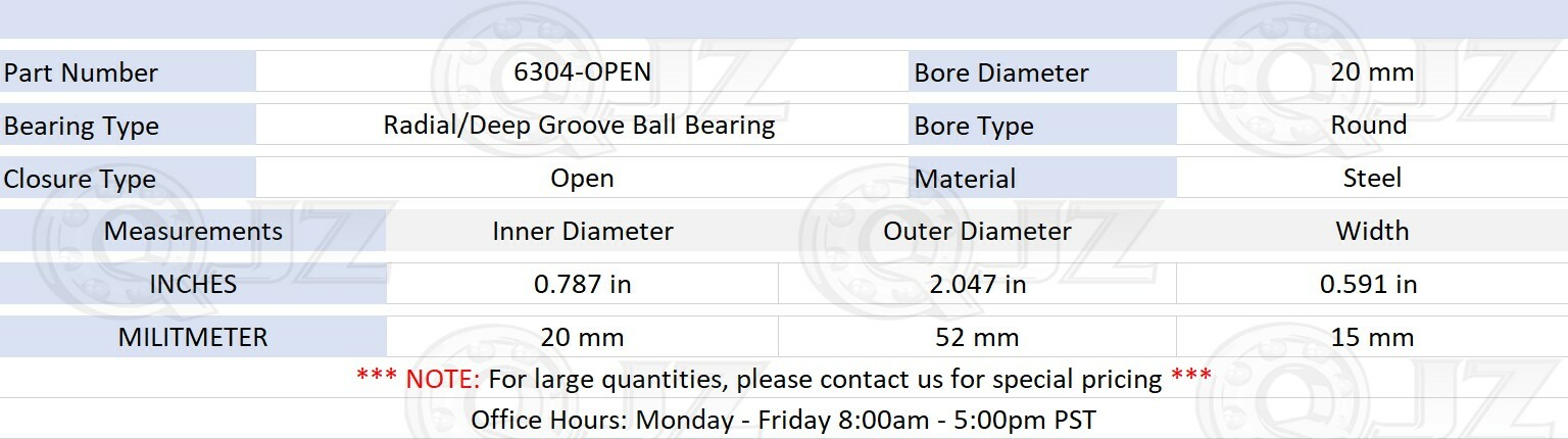 [50-Pack] 6304-OPEN Radial/Deep Groove Ball Bearing 20mm x 52mm x 15mm (IDxODxW)