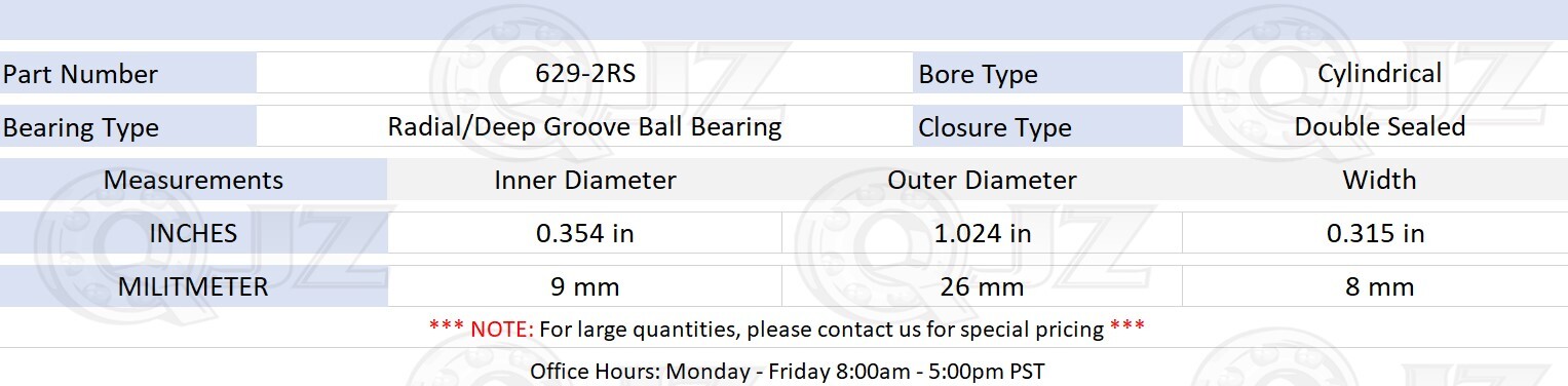 [Qty.4] 629-2RS New Radial/Deep Groove Ball Bearing [9mm ID x 26mm OD x 8mm W]