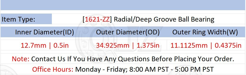 [Qty.2] 1621-ZZ Radial/Deep Groove Ball Bearing [12.7mm x 34.925mm x 11.1125mm]